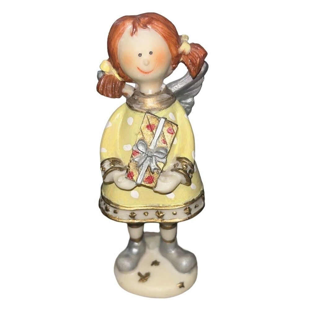 Hand-painted Ceramic Figurine Angel Little Girl w/ Pigtails & Wings Holding Gift